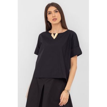 Bluza din poplin satinat de bumbac  cu nasturi pe spate, neagra