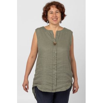 Bluza fara maneci din in cu nasture metalic decorativ, kaki