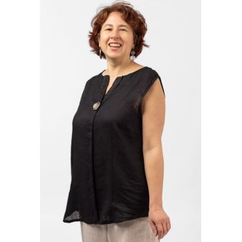 Bluza fara maneci din in cu nasture metalic decorativ, neagra