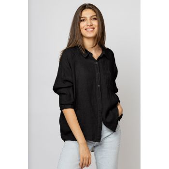 Camasa din in cu inel metalic pe spate Stella Milani, neagra