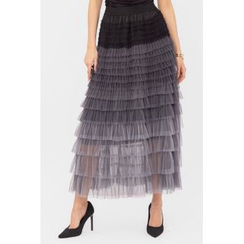 Fusta maxi din tulle, cu volane suprapuse, in degrade gri-negru