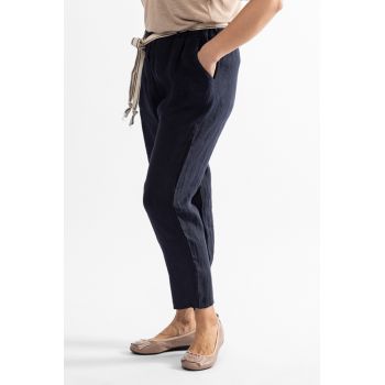 Pantaloni bleumarin din in, pana, cu snur alb Pantaloni bleumarin din in, pana, cu snur alb