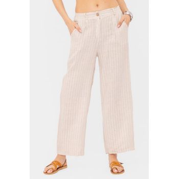 Pantaloni cu fermoar, de vara, din in, cu dungute fine, bej