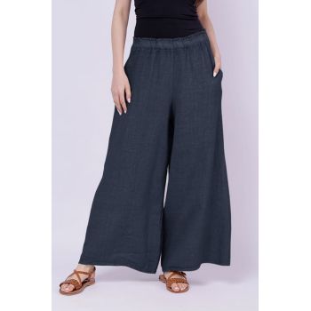 Pantaloni de vara din in largi, bleumarin