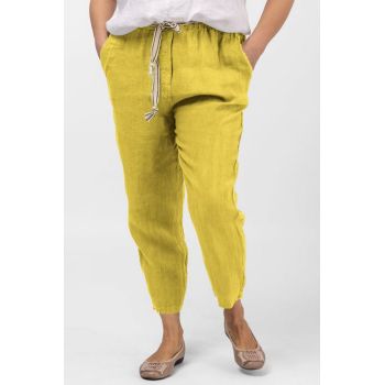 Pantaloni galben din in, pana, cu snur alb Pantaloni galben din in, pana, cu snur alb
