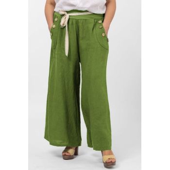 Pantaloni largi de vara, din in, cu nasturi din lemn la buzunare, verde oliv