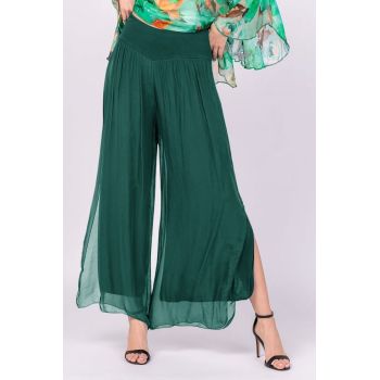 Pantaloni verde inchis din matase naturala cu crapaturi laterale