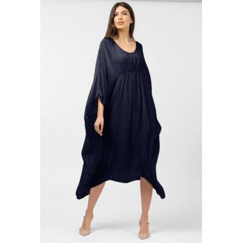 Rochie bleumarin in colturi, lunga, ampla, din matase naturala, cu detaliu sub bust