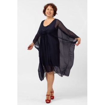 Rochie bleumarin, midi, ampla, din matase naturala, cu detaliu sub bust, in colturi