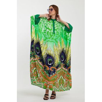 Rochie camasa oversize cu imprimeu paun, verde ieftina