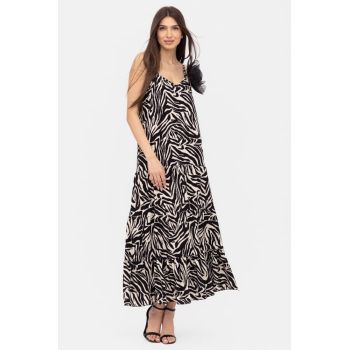 Rochie cu volane si bretelute, lunga, animal print alb-negru