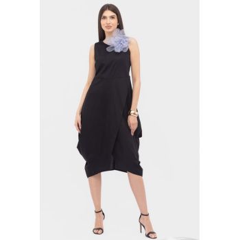 Rochie din poplin de bumbac petrecuta, cu colturi laterale, neagra