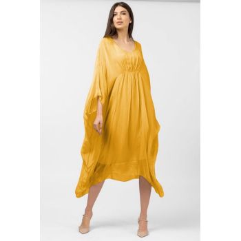 Rochie galben turmeric in colturi, lunga, ampla, din matase naturala, cu detaliu sub bust