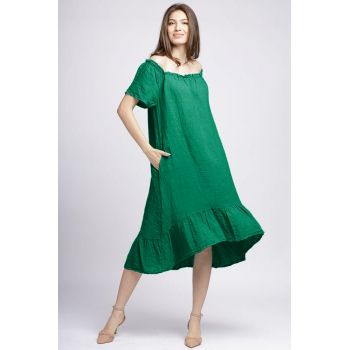 Rochie in colturi din in verde, cu decolteu pe elastic si volan la poale