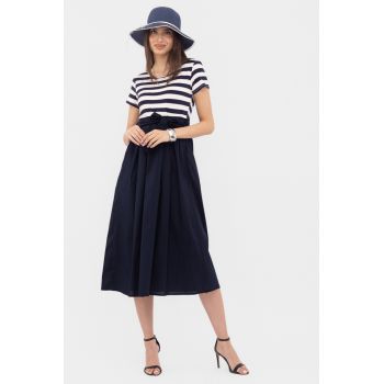 Rochie marinar din tricot cu dungi si poplin de bumbac, bleumarin