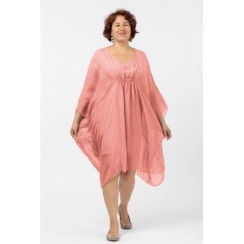 Rochie midi roz somon, ampla, din matase naturala, cu detaliu sub bust, in colturi