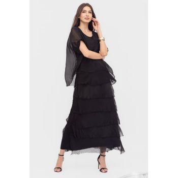 Rochie neagra din matase naturala cu  volane franjurate suprapuse