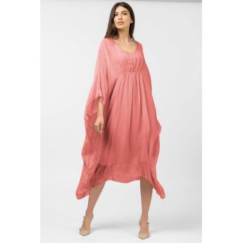 Rochie roz somon in colturi, lunga, ampla, din matase naturala, cu detaliu sub bust