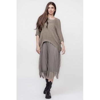 Rochie suprapusa cu puloveras si tulle plisat, bej inchis