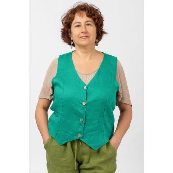 Vesta trendy din in cu colturi si nasturi de lemn, turcoaz
