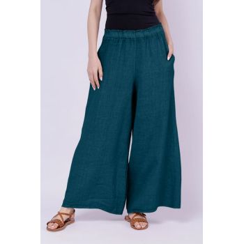 Pantaloni de vara din in largi, turcoaz inchis
