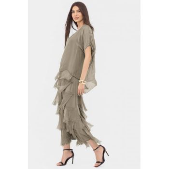 Rochie bej inchis din matase naturala cu  volane franjurate suprapuse