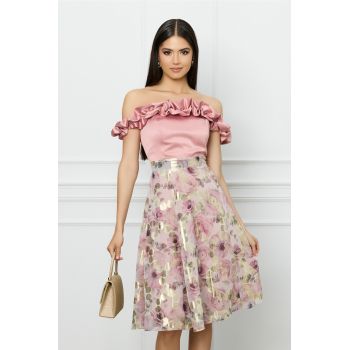 Rochie DY Fashion roz cu imprimeuri florale pe fusta si volane la bust ieftina la reducere