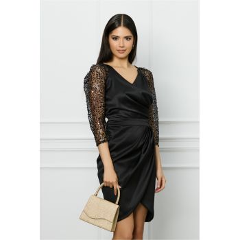 Rochie Ella Collection Alison neagra cu broderie si perle pe maneci