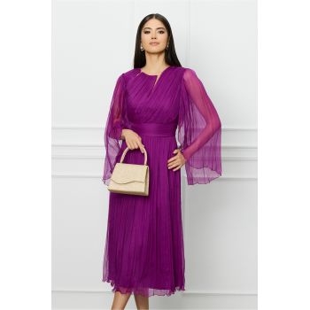 Rochie Ginette magenta din matase cu insertii din tull si strasuri la decolteu