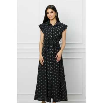 Rochie Hanna neagra cu buline gri si cordon in talie ieftina