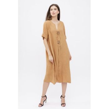 Rochie oversize din in, cu nasturi pe piept, camel