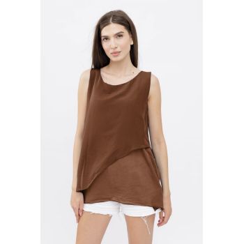 Bluza asimetrica in colturi din matase naturala si bumbac fara maneci, maron