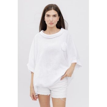 Bluza din in cu buzunar si boboc aplicat, oversize, alba
