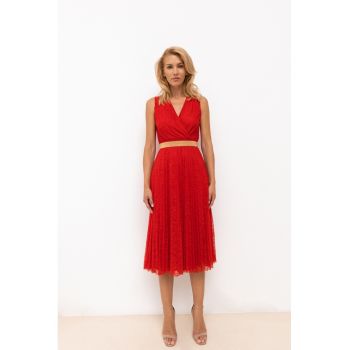 Rochie midi cu pliuri si banda contrastanta in talie