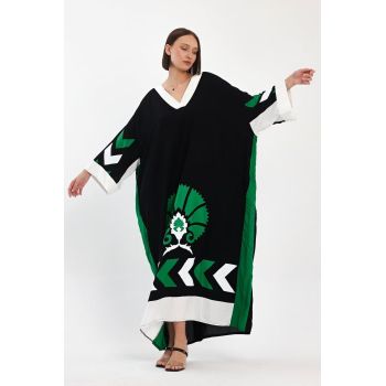 Rochie neagra, oversize, cu imprimeu verde, din vascoza