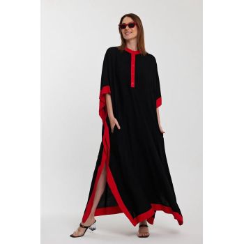 Rochie oversize cu broderie pe spate, din vascoza, tivita cu rosu