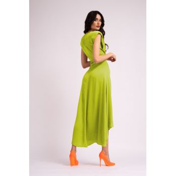 Rochie midi neon cu umeri supradimensionati si crapatura pe picior