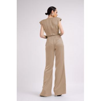 Set Bej cu Top cu Nod si Pantaloni Wide Leg