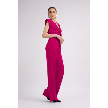 Set Fuchsia cu Top cu Nod si Pantaloni Wide Leg