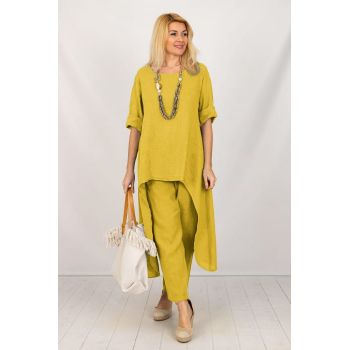 Compleu din in cu bluza tunica mai lunga in spate si pantaloni, galben