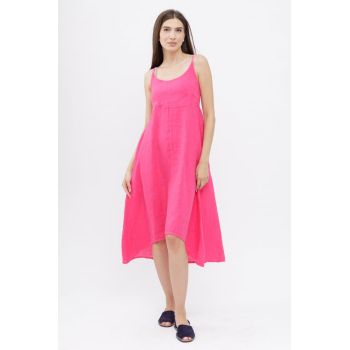 Rochie din in, cu bretele reglabile si elastic la spate, fucsia