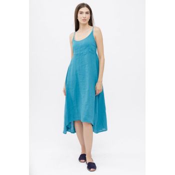 Rochie din in, cu bretele reglabile si elastic la spate, turcoaz