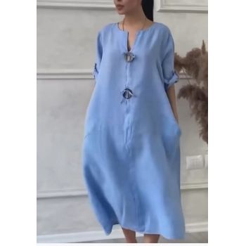 Rochie oversize din in, cu nasturi pe piept, albastru deschis