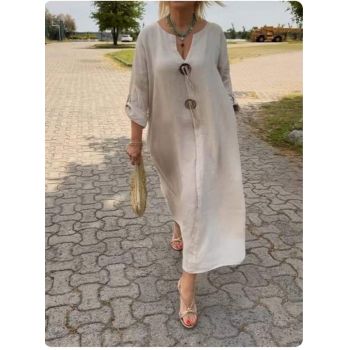 Rochie oversize din in, cu nasturi pe piept, bej