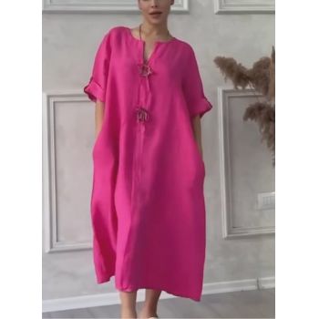 Rochie oversize din in, cu nasturi pe piept, fucsia