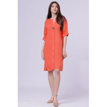 Rochie tunica din in corai, cu nasture metalic decorativ