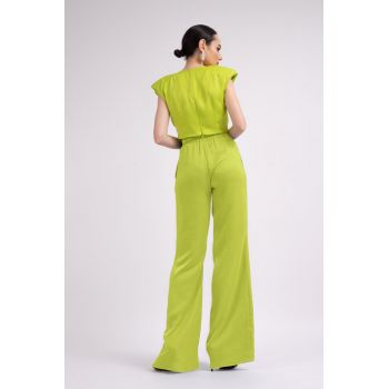 Set Verde Neon cu Top cu Nod si Pantaloni Wide Leg