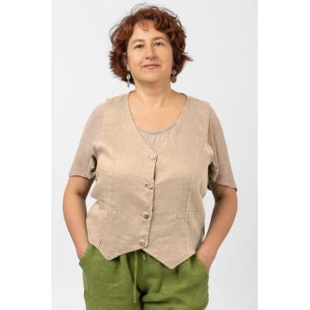Vesta trendy din in cu colturi si nasturi de lemn, bej