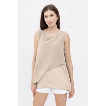 Bluza asimetrica in colturi din matase naturala si bumbac fara maneci, bej