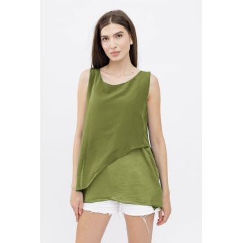 Bluza asimetrica in colturi din matase naturala si bumbac fara maneci, verde oliv